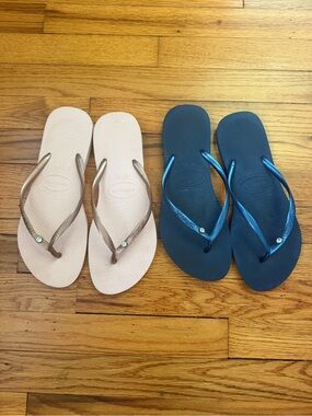2x Havaianas Crystal Flip Flops Blush Pink(New) Navy Blue Used Size 41/42 10/11